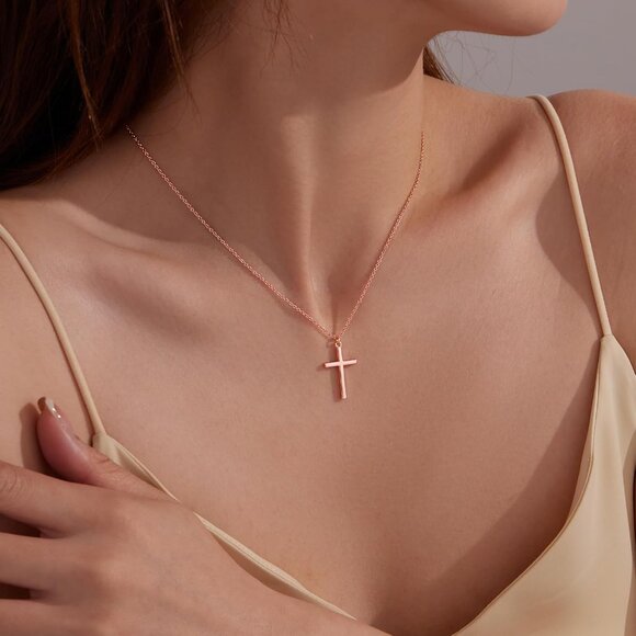 04 Simple Rose Cross Necklaces Women's Plated Dainty Silver Small Cross Pendant - Picture 4 of 5